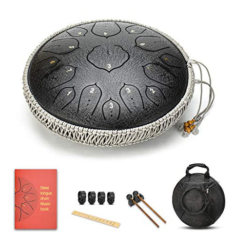 Black 15 Notes 14 Inches Steel Tongue Drum Healing Drum Wide Range Steel Drum with Carrying Bag & Mallets