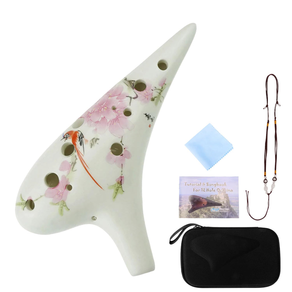 12 Hole Ceramic Ocarina with "Bird Loves Flower" Design, Tenor C Ocarina,Hand Painted by OcarinaWind, Gift Idea