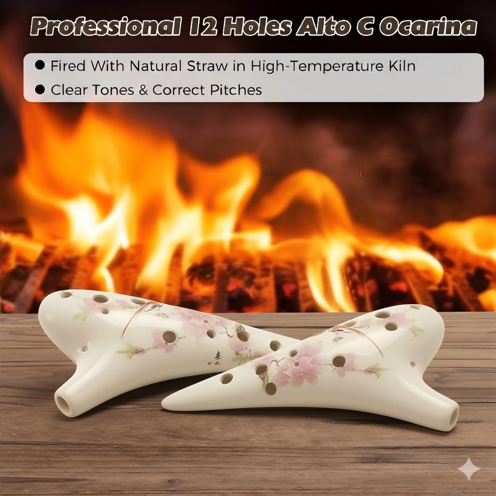 12 Hole Ceramic Ocarina with "Bird Loves Flower" Design, Tenor C Ocarina,Hand Painted by OcarinaWind, Gift Idea