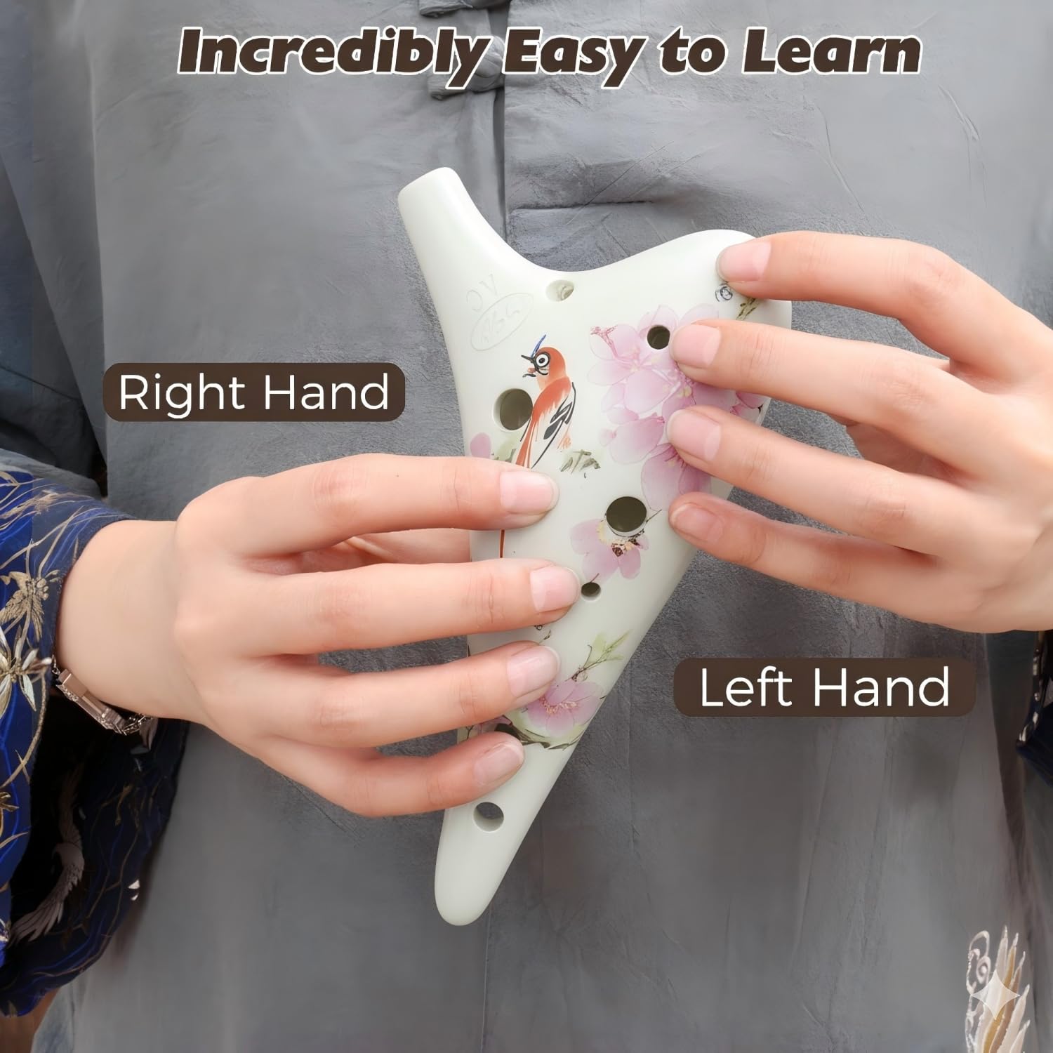 12 Hole Ceramic Ocarina with "Bird Loves Flower" Design, Tenor C Ocarina,Hand Painted by OcarinaWind, Gift Idea