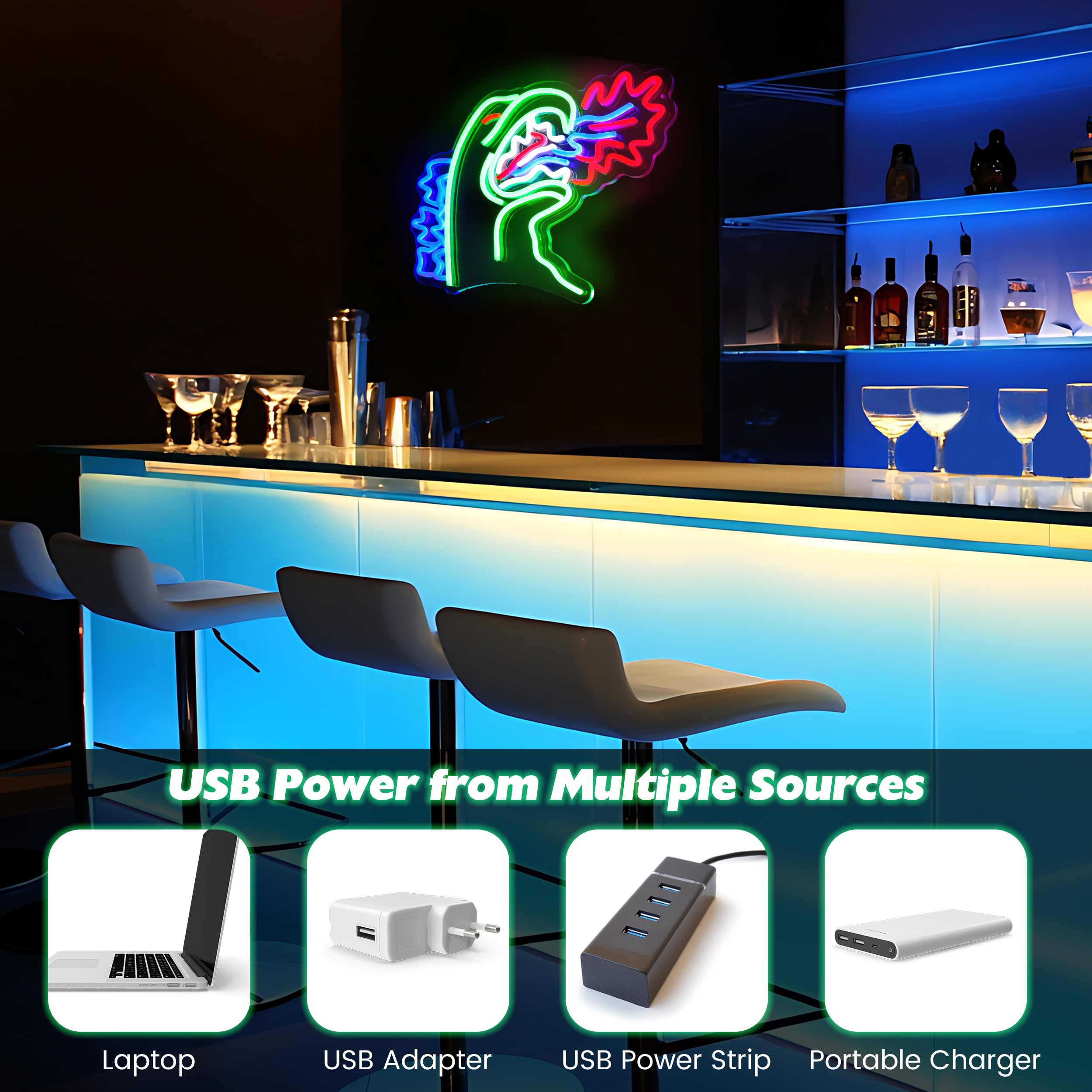 LED Neon Sign Light, Dinosaur Design, Multicolor Green Blue Red Wall Art, Indoor Decorative Light