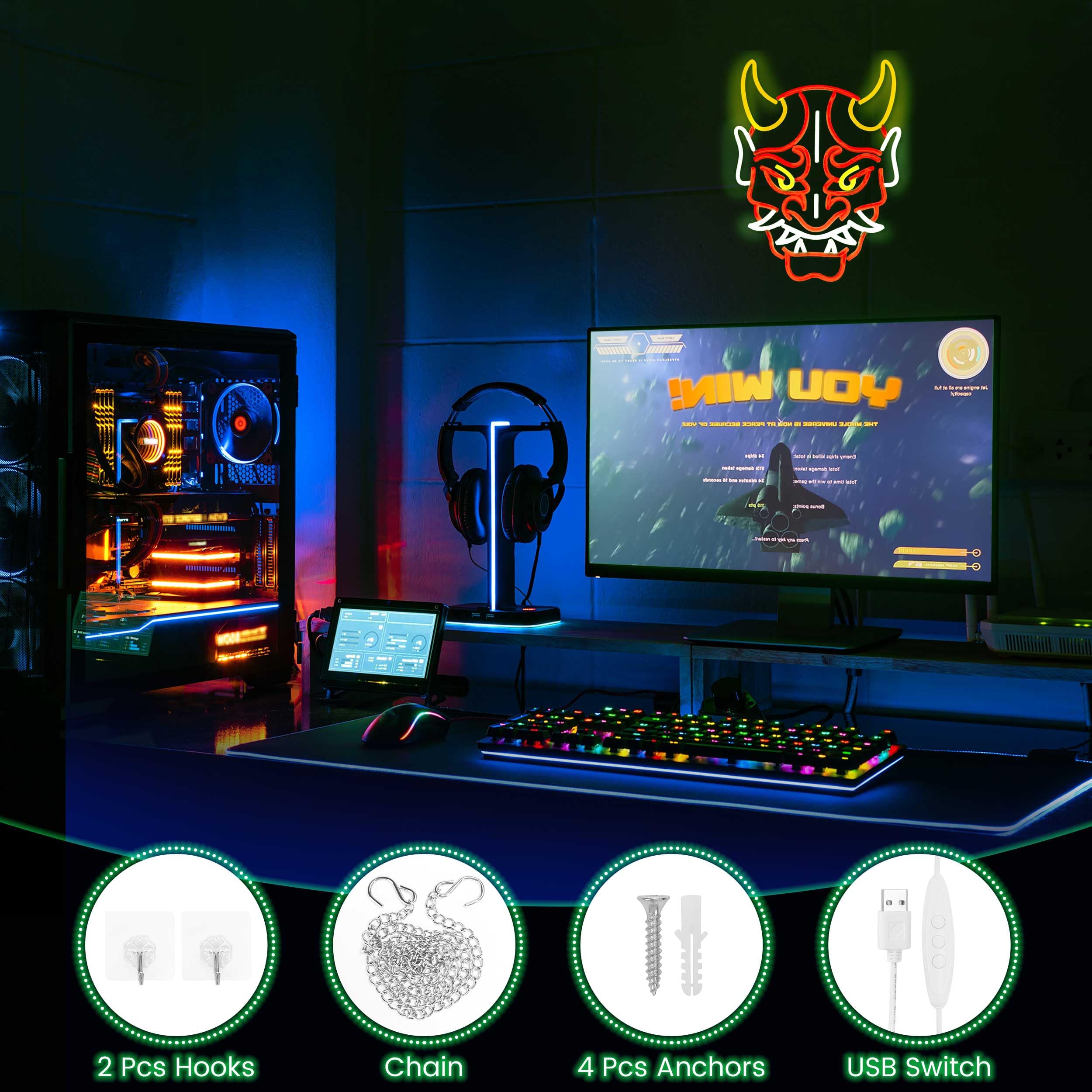 LED Neon Devil Mask Wall Sign, Japanese Hannya Mask Neon Sign for Wall Décor,Red and Yellow, Decorative Light Art,Dimmable LED Neon Tattoo Studio Sign - USB Anime Demon Art Light for Man Cave