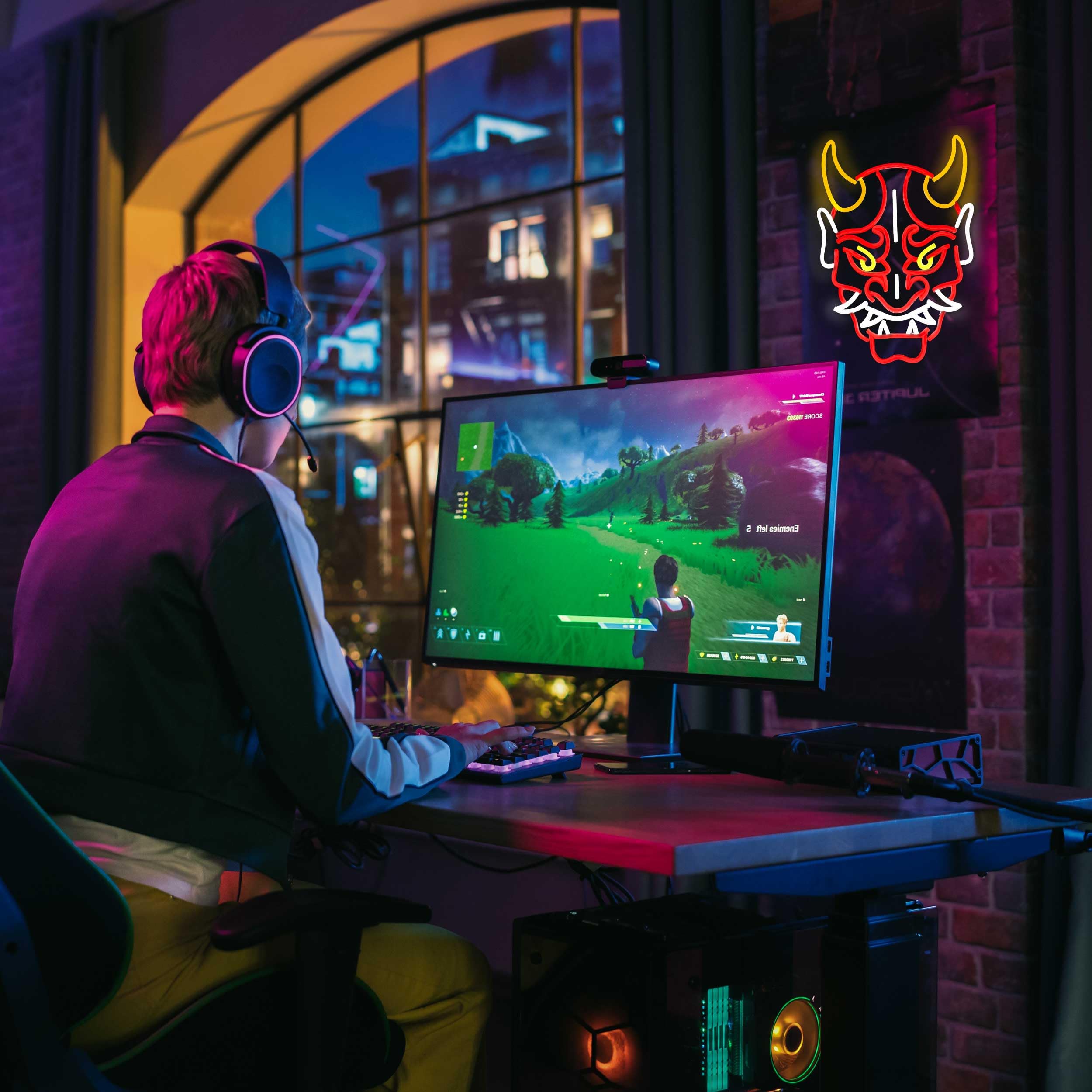 LED Neon Devil Mask Wall Sign, Japanese Hannya Mask Neon Sign for Wall Décor,Red and Yellow, Decorative Light Art,Dimmable LED Neon Tattoo Studio Sign - USB Anime Demon Art Light for Man Cave