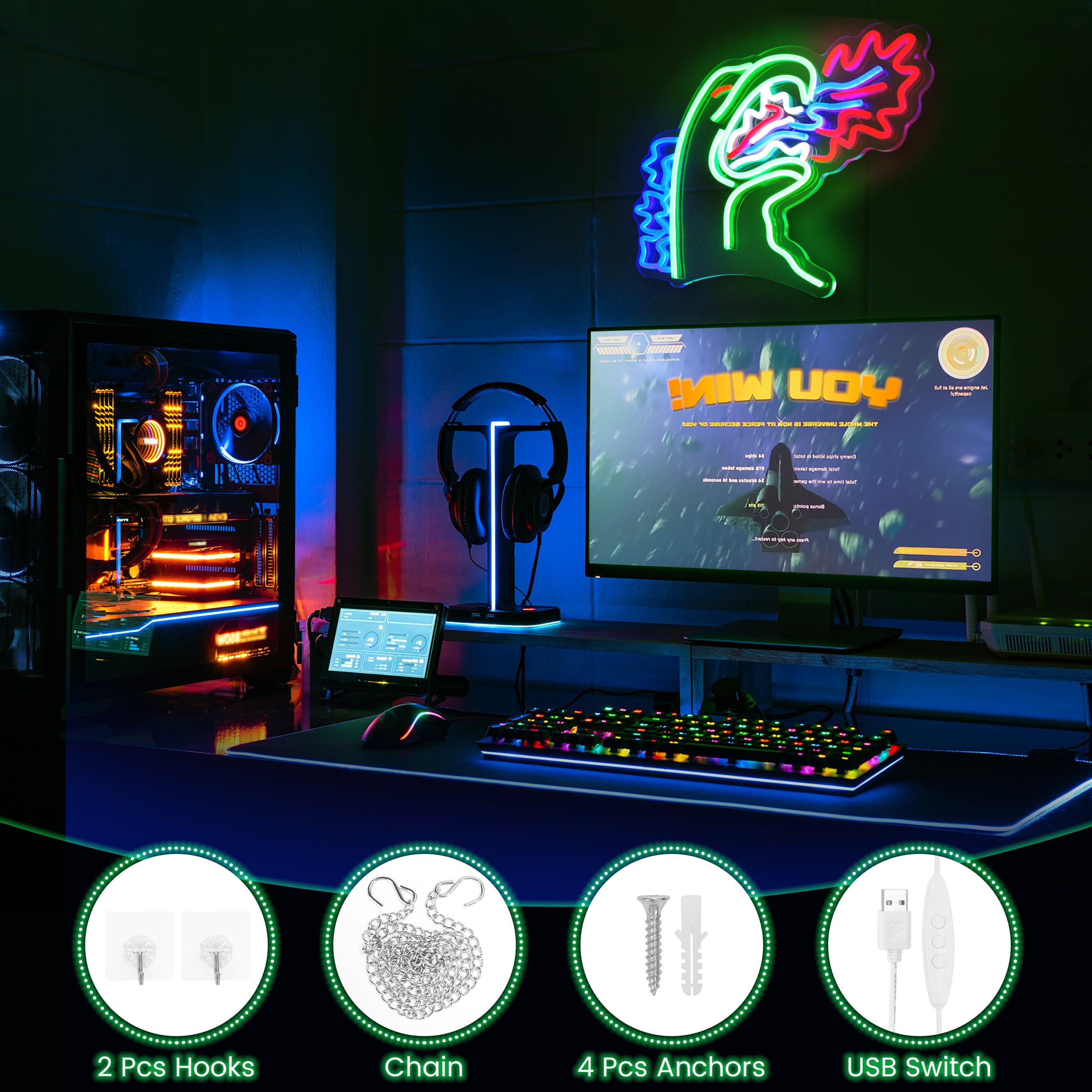 LED Neon Sign Light, Dinosaur Design, Multicolor Green Blue Red Wall Art, Indoor Decorative Light