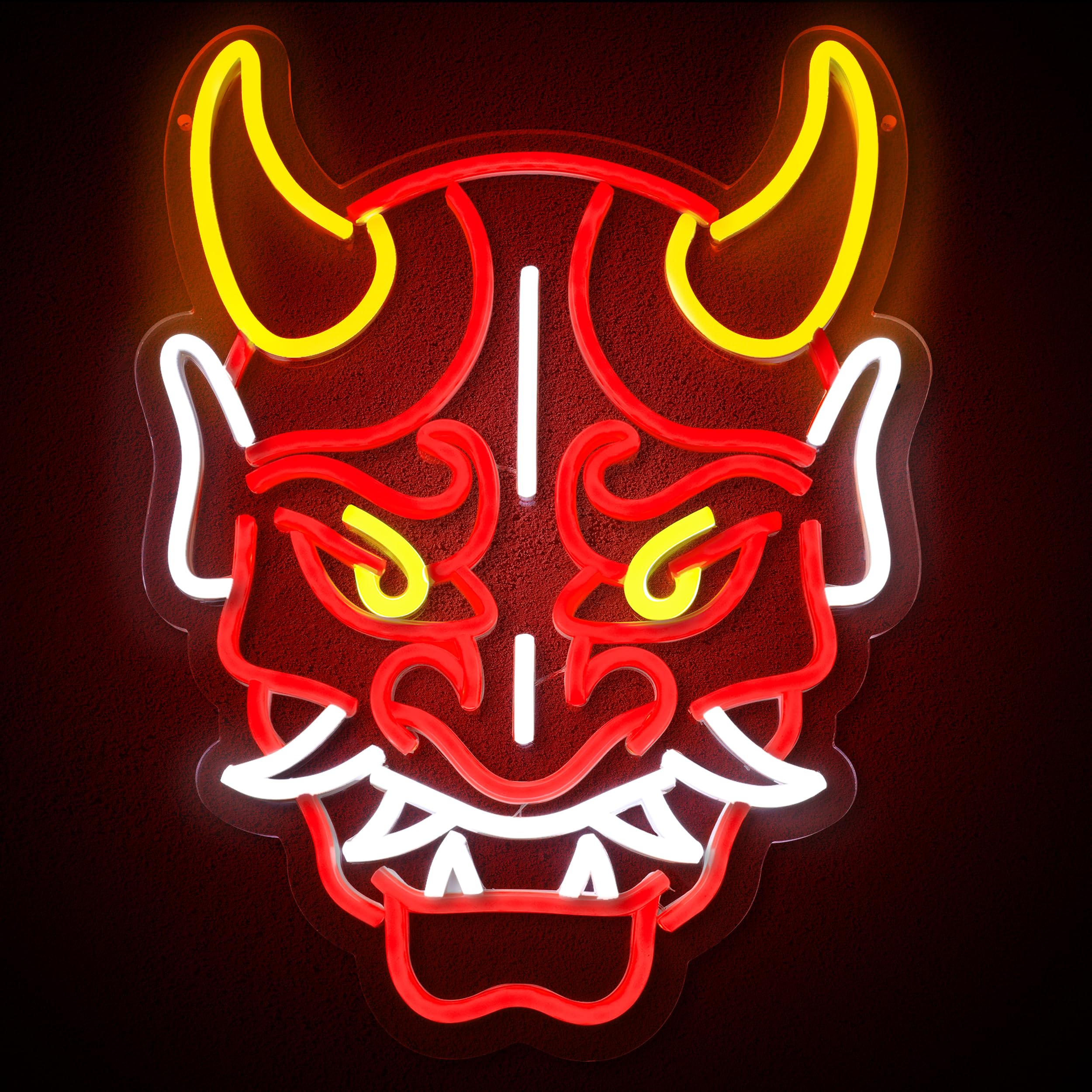 LED Neon Devil Mask Wall Sign, Japanese Hannya Mask Neon Sign for Wall Décor,Red and Yellow, Decorative Light Art,Dimmable LED Neon Tattoo Studio Sign - USB Anime Demon Art Light for Man Cave