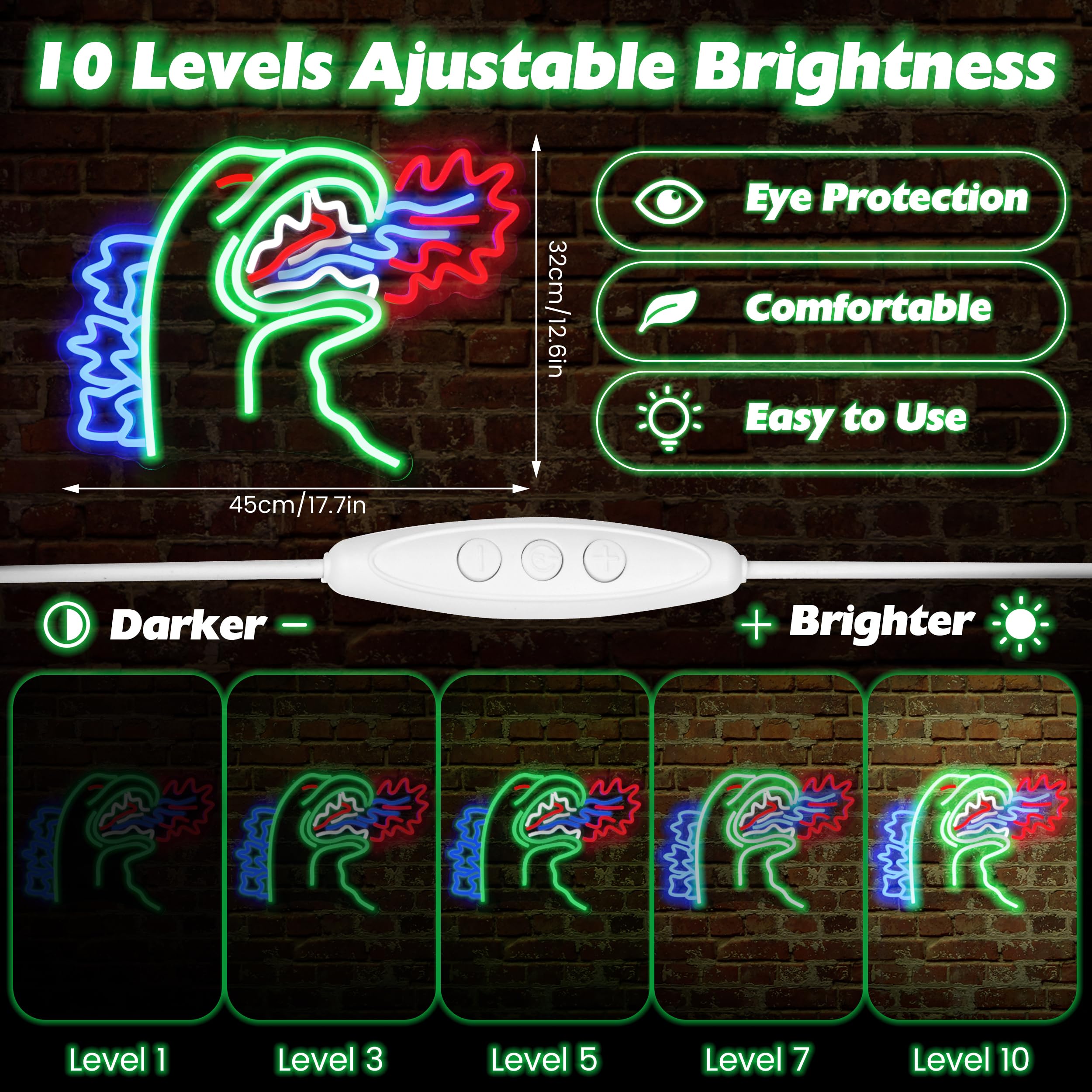 LED Neon Sign Light, Dinosaur Design, Multicolor Green Blue Red Wall Art, Indoor Decorative Light