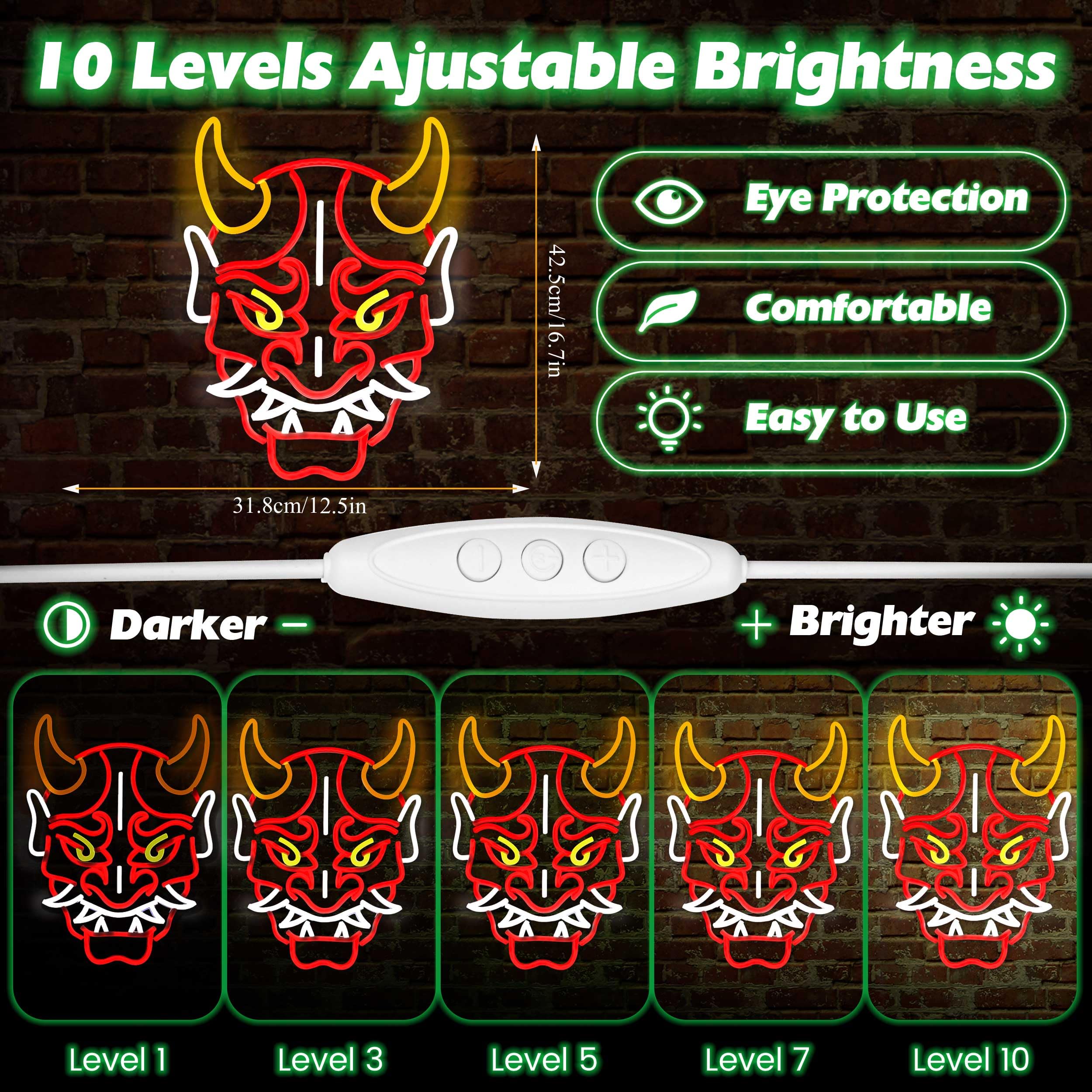 LED Neon Devil Mask Wall Sign, Japanese Hannya Mask Neon Sign for Wall Décor,Red and Yellow, Decorative Light Art,Dimmable LED Neon Tattoo Studio Sign - USB Anime Demon Art Light for Man Cave