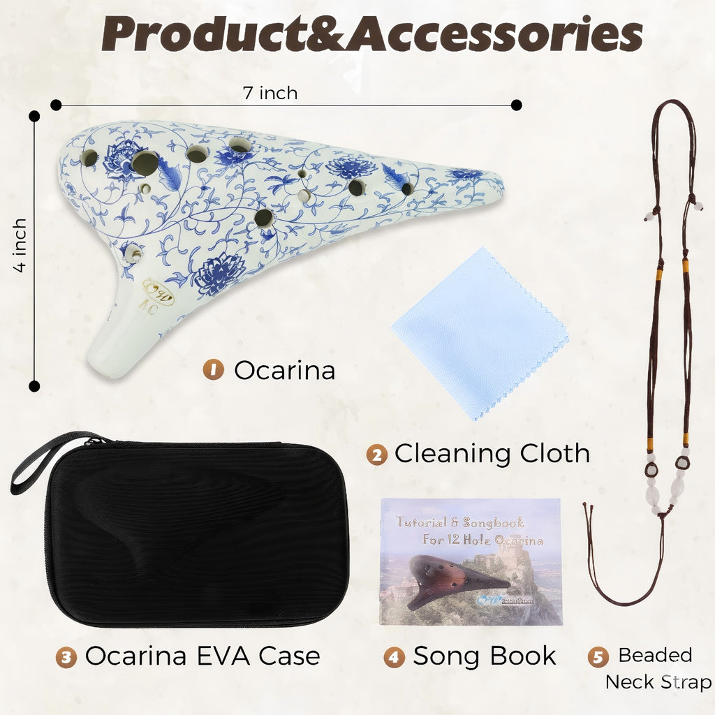 OcarinaWind 12 Hole Ocarina Classic Masterpiece Collectible, Alto C Ceramic Ocarina,White&Blue Ceramic
