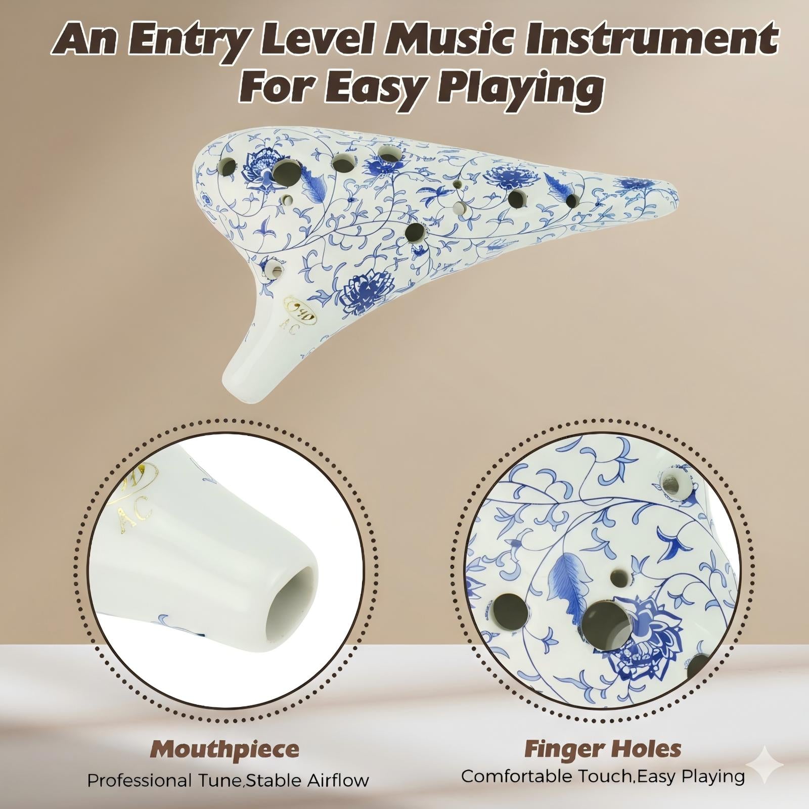 OcarinaWind 12 Hole Ocarina Classic Masterpiece Collectible, Alto C Ceramic Ocarina,White&Blue Ceramic