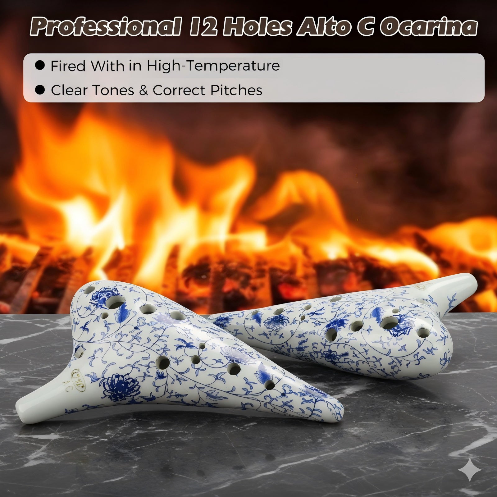 OcarinaWind 12 Hole Ocarina Classic Masterpiece Collectible, Alto C Ceramic Ocarina,White&Blue Ceramic