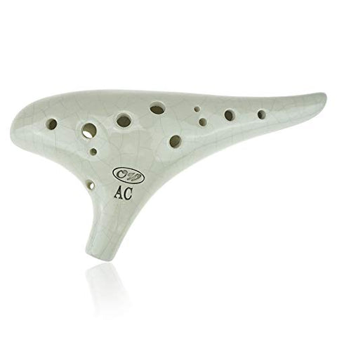 "Mountain Echo" 12 Hole Alto C Ocarina,White Ice Crack Ceramic, Unique Design and Well Tuned, Comfortable to Hold and Play (White)