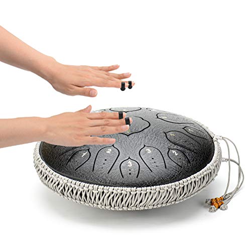 Black 15 Notes 14 Inches Steel Tongue Drum Healing Drum Wide Range Steel Drum with Carrying Bag & Mallets