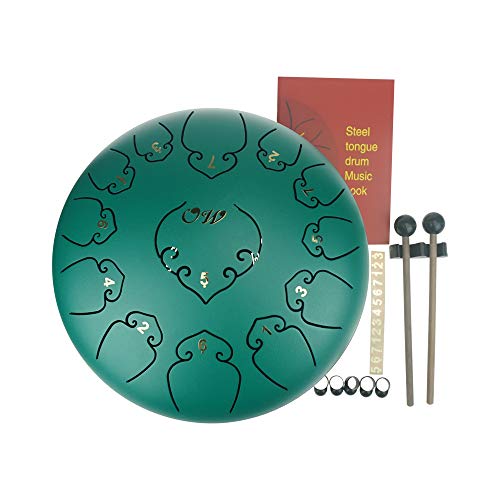 OcarinaWind 12 inches Steel Tongue Drum Green 13 Notes C Major with Padded Drum Bag and Couple of Mallets Beautifully Designed and Peaceful Sound OcarinaWind