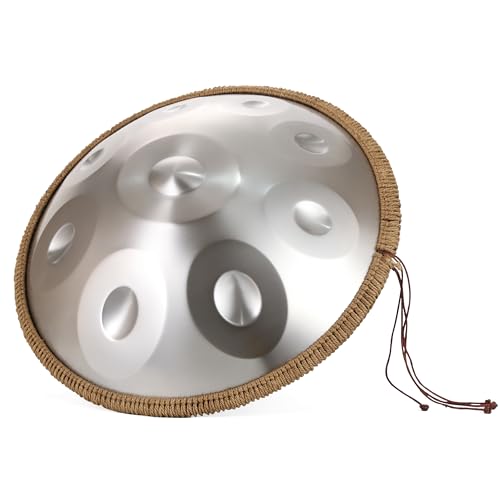 "OW" hand pan in D Minor 9 notes steel hand drum + Soft Hand Pan Bag, Silver,22 inches 440HZ