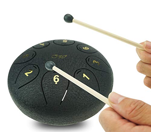 "OcarinaWind" 5.5 inches C Major Steel Tongue Drum Black 8 Notes Drum with Couple of Mallets, Beautifully finished and peaceful sound