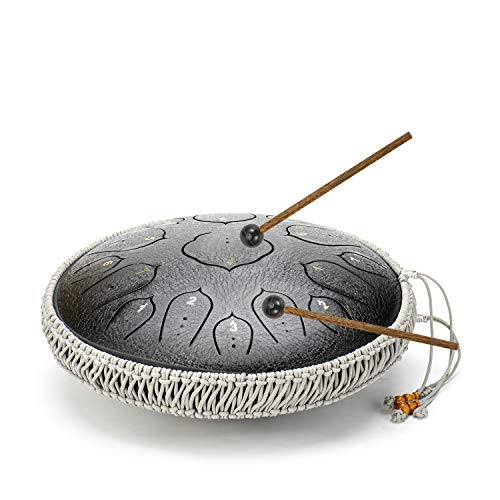Black 15 Notes 14 Inches Steel Tongue Drum Healing Drum Wide Range Steel Drum with Carrying Bag & Mallets