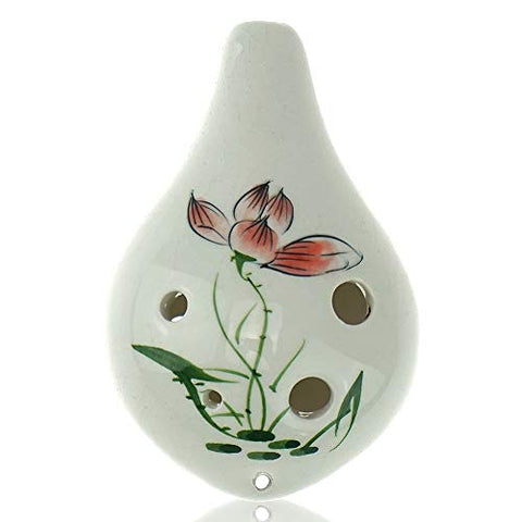 Hand Painting"Summer Lotus" 6 Hole Ocarina,Alto C,Glazed Ceramic,Beautiful Design,Wine Bottle Style by OcarinaWind