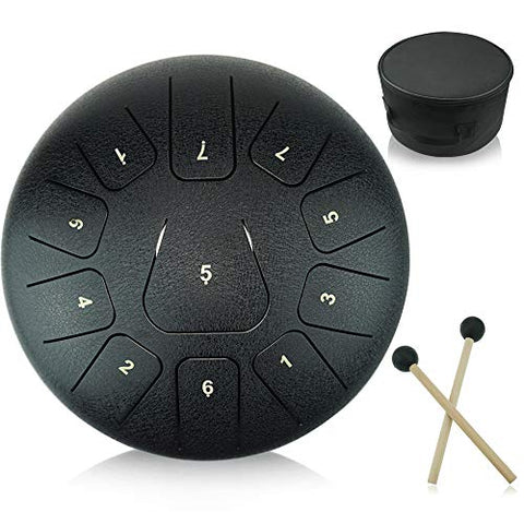 12 inches Steel Tongue Drum Black 11 Notes,C Major,with Padded Drum Bag and Couple of Mallets, peaceful sound