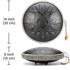 Black 15 Notes 14 Inches Steel Tongue Drum Healing Drum Wide Range Steel Drum with Carrying Bag & Mallets