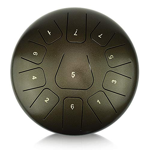 "OcarinaWind" 10 inches C Major Steel Tongue Drum Brown 11 Notes with Padded Drum Bag and Couple of Mallets, Beautifully finished and peaceful sound