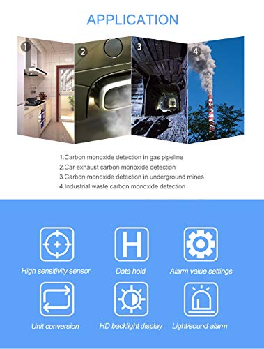 Handheld Portable Carbon Monoxide Meter, Portable CO Gas Leak Detector, Gas Monitor Tester 0～1000ppm, 1PPM Resolution(No Battery Included)