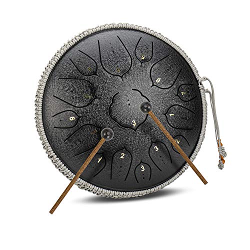 Black 15 Notes 14 Inches Steel Tongue Drum Healing Drum Wide Range Steel Drum with Carrying Bag & Mallets