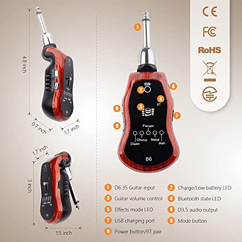 OW Portable Guitar Headphone Amp Synthesizer Pocket Guitar Plug Guitar Amplifier Rechargeable for Electric Guitar with Bluetooth Receiver Support 5 Effects: Clean/Chorus/Flanger/Metal/Wah