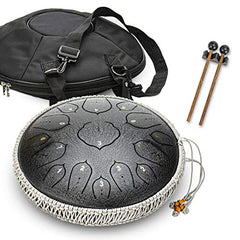 Black 15 Notes 14 Inches Steel Tongue Drum Healing Drum Wide Range Steel Drum with Carrying Bag & Mallets