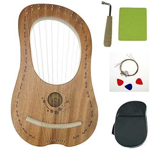 "OW" Lyre Harp 10 Metal String Wooden Saddle Mahogany Lye Harp with Tuning Wrench and Lyre Harp Bag